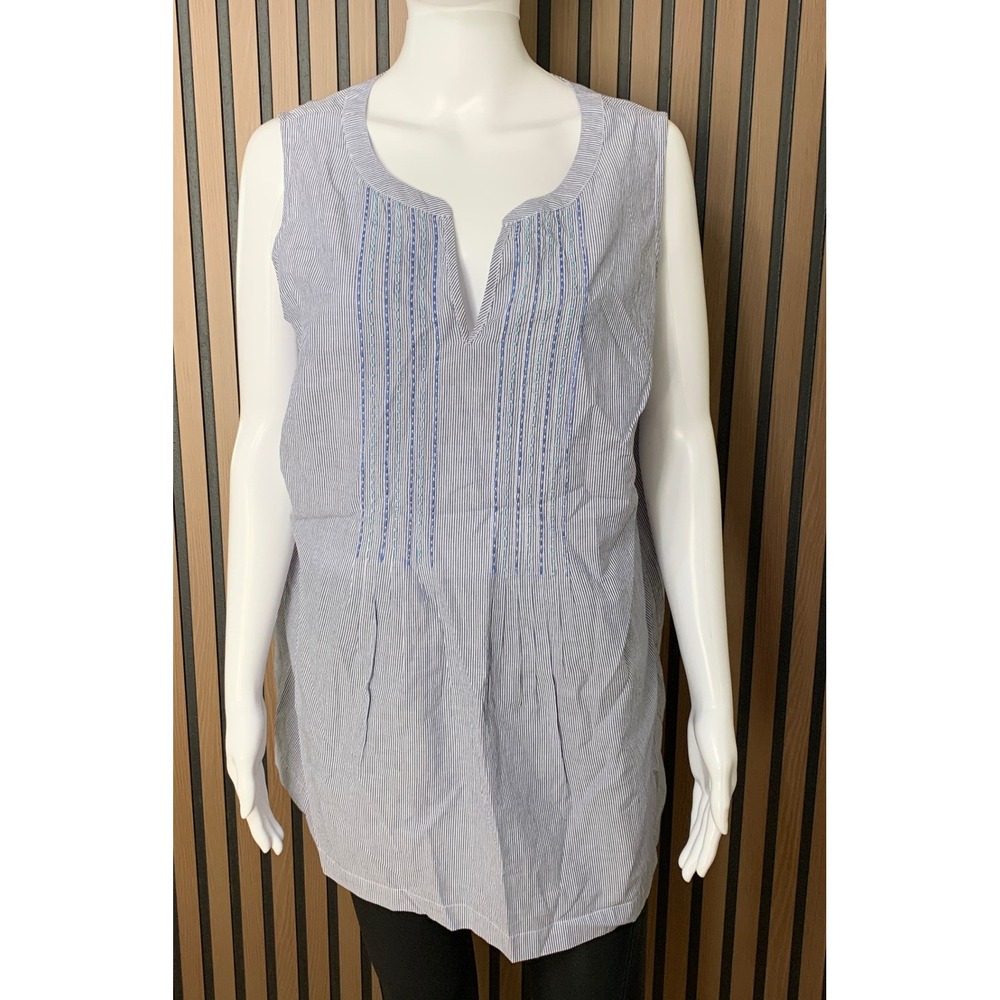 Talbots Plus 1X Sleeveless Seersucker Tunic Top Blue White Striped Embroidered